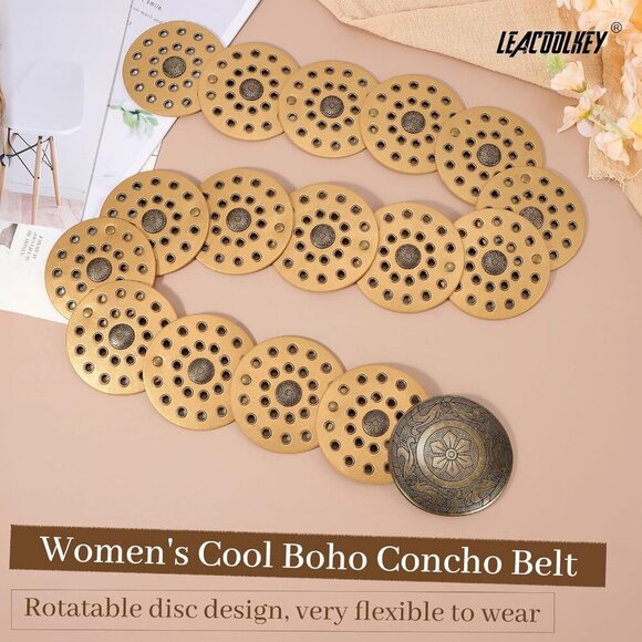 Women\'s Boho Disc Belt Wide Western Leather Belt Vintage Concho Waist Belts Gold main image 3